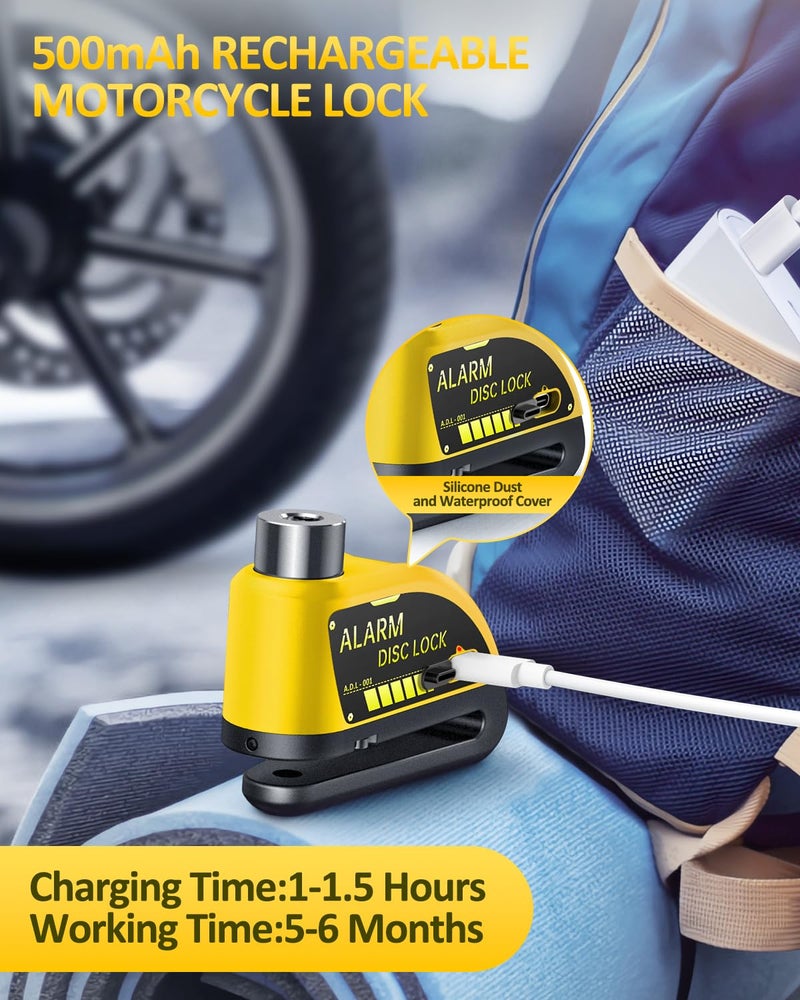 ONVIAN Rechargeable Motorcycle Lock with 120db Alarm and 6FT Steel Reminder Cable, for 7mm Pin Motorcycles Bicycles Ebike Scooter Moped(Yellow) - Image 2