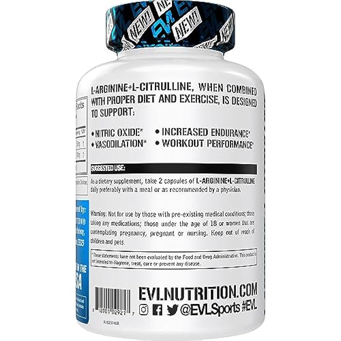 Evlution Nutrition L-Arginine + L-Citrulline - Endurance + Workout Performance Supplement - 1000mg Complex - Vasodilation + Nitric Oxide Support - Vegan + Gluten Free Capsules - 60 Servings - Image 3