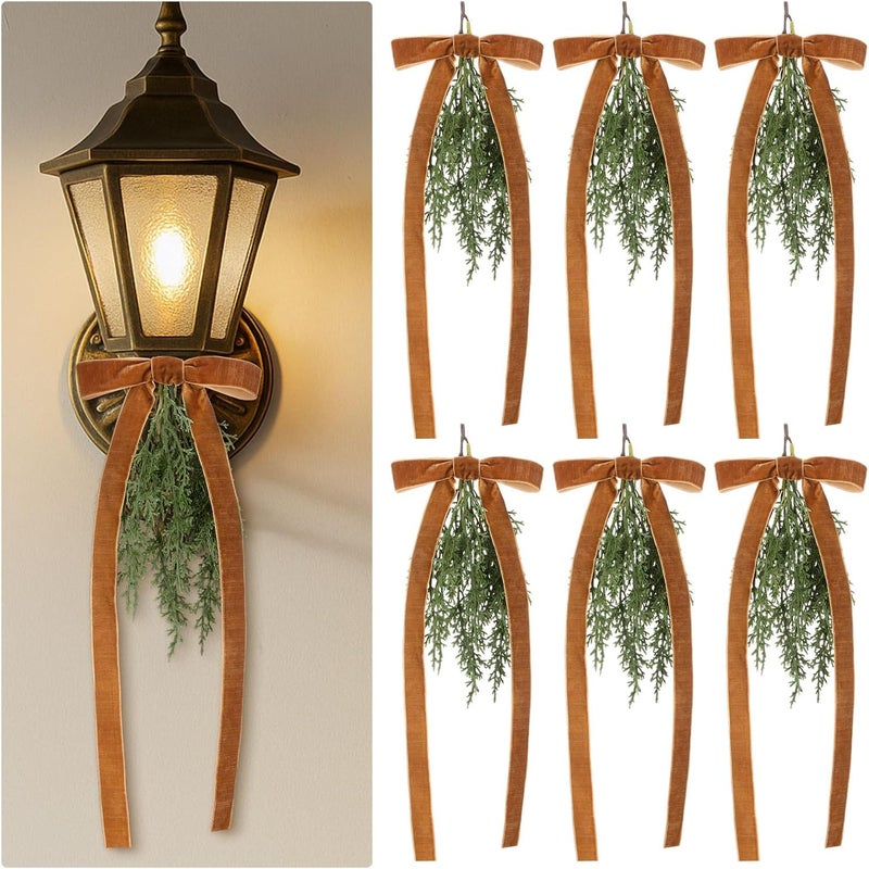 Suncalla 6 Pcs Artificial Christmas Teardrop Swag with Brown Velvet Bow 16" Vintage Faux Pine Needles Light Swag Festive Sconce Lighting Decor for The Holidays - Image 1