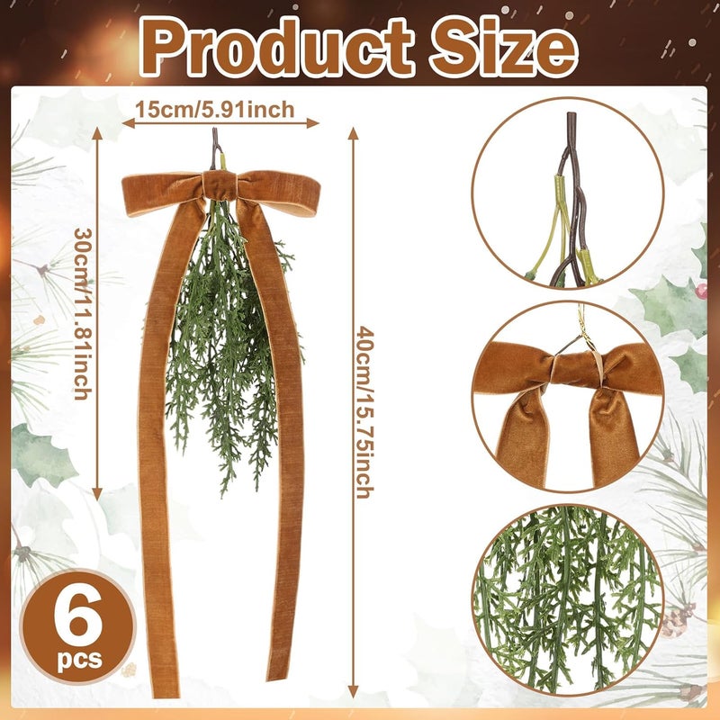 Suncalla 6 Pcs Artificial Christmas Teardrop Swag with Brown Velvet Bow 16" Vintage Faux Pine Needles Light Swag Festive Sconce Lighting Decor for The Holidays - Image 2