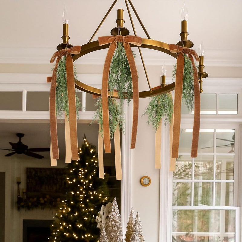 Suncalla 6 Pcs Artificial Christmas Teardrop Swag with Brown Velvet Bow 16" Vintage Faux Pine Needles Light Swag Festive Sconce Lighting Decor for The Holidays - Image 4