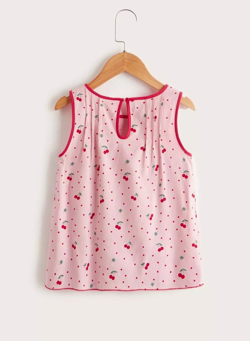 Toddler Girls Cherry & Polka Dot Print Ringer Tank Top - Image 2