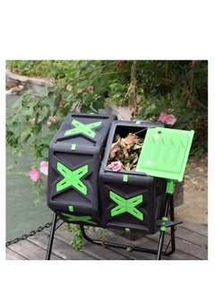 BLUE CORAL Garden Waste Compost Tumbler Composting Machine Plastic Steel Dual Chambers Rotary Compost Bin Fertilizer Maker (Black/Green, 140L)  - Image 1