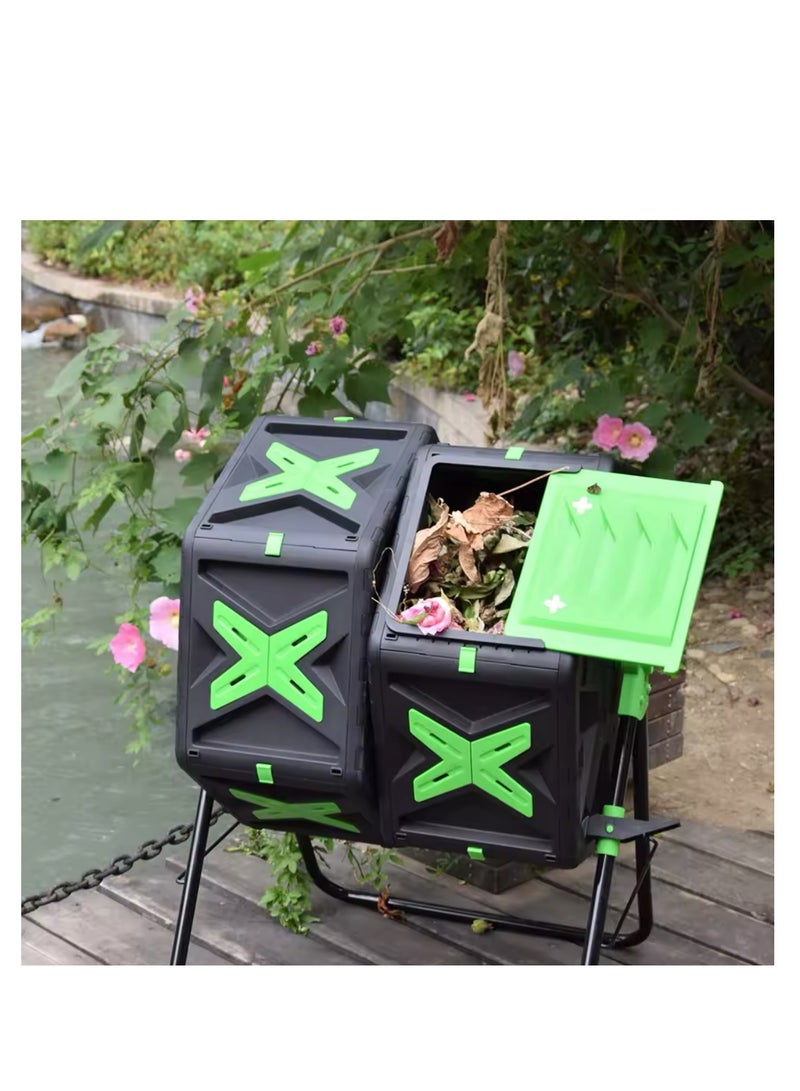 BLUE CORAL Garden Waste Compost Tumbler Composting Machine Plastic Steel Dual Chambers Rotary Compost Bin Fertilizer Maker (Black/Green, 140L)  - Image 1