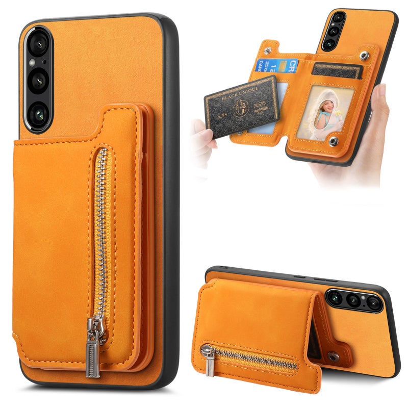 HuHa Protective Cover For Sony Xperia 1 VI Retro MagSafe Zipper Wallet Card Bag Back Phone Case(Yellow) - Image 1