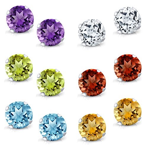 Gem Stone King 925 Sterling Silver Set of 6 Round 4MM Gemstone Stud Earrings - Amethyst, Topaz, Garnet, Citrine, Peridot - Sparkling and Elegant Jewelry For Women Men - Image 1
