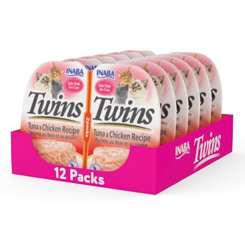 INABA Twins for Cats, Grain-Free Shredded Chicken & Broth Gelée Side Dish/Complement/Topper Cups, 1.23 Ounces per Serving, 14.76 Ounces Total (12 Servings), Tuna & Chicken Recipe - Image 1