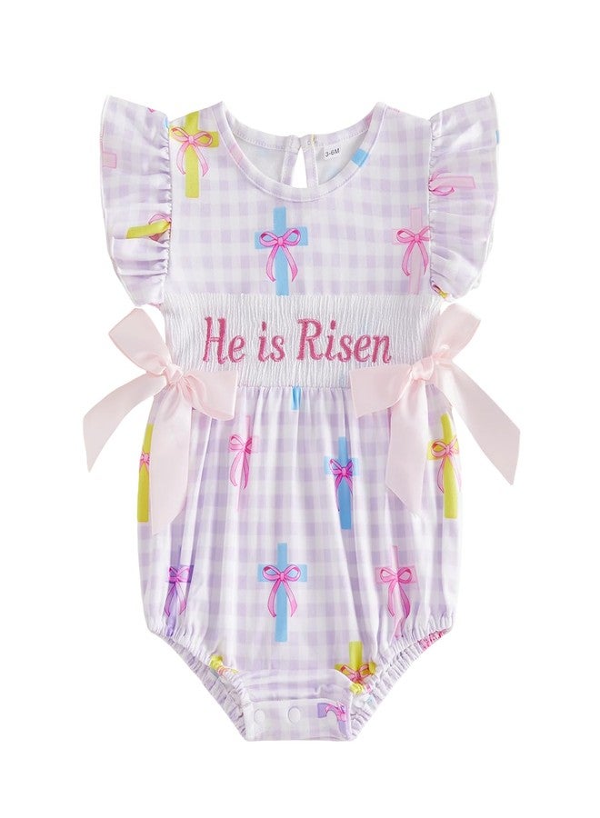 Honganda Summer Newborn Baby Girl Easter Outfit He is Risen Smocked Romper Cross Print Plaid Onesie with Bow Decoration (Purple, 3-6 Months) - Image 1