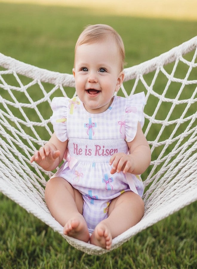 Honganda Summer Newborn Baby Girl Easter Outfit He is Risen Smocked Romper Cross Print Plaid Onesie with Bow Decoration (Purple, 3-6 Months) - Image 2