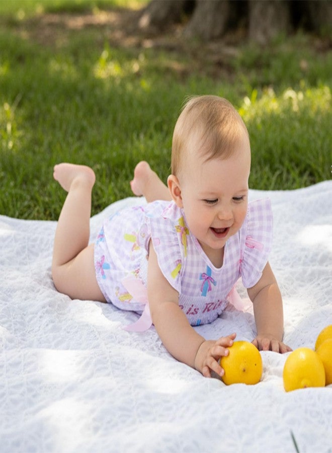 Honganda Summer Newborn Baby Girl Easter Outfit He is Risen Smocked Romper Cross Print Plaid Onesie with Bow Decoration (Purple, 3-6 Months) - Image 3