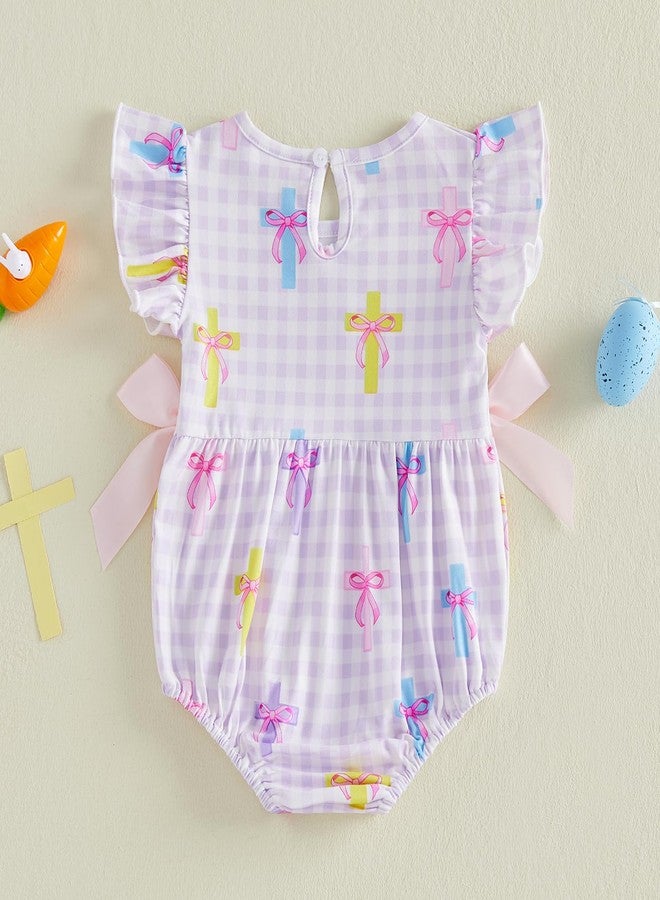 Honganda Summer Newborn Baby Girl Easter Outfit He is Risen Smocked Romper Cross Print Plaid Onesie with Bow Decoration (Purple, 3-6 Months) - Image 5