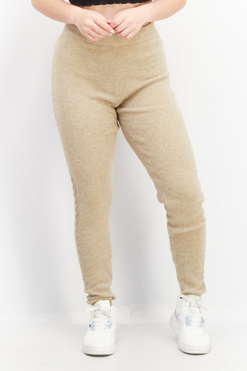 GUESS Women Regular Fit Cable Knit Stretchable Pants, Beige - Image 1