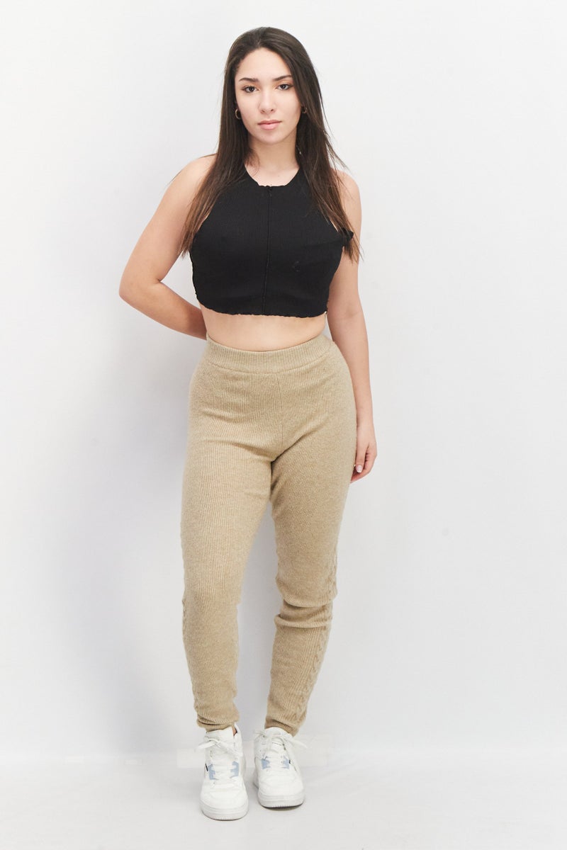 GUESS Women Regular Fit Cable Knit Stretchable Pants, Beige - Image 2