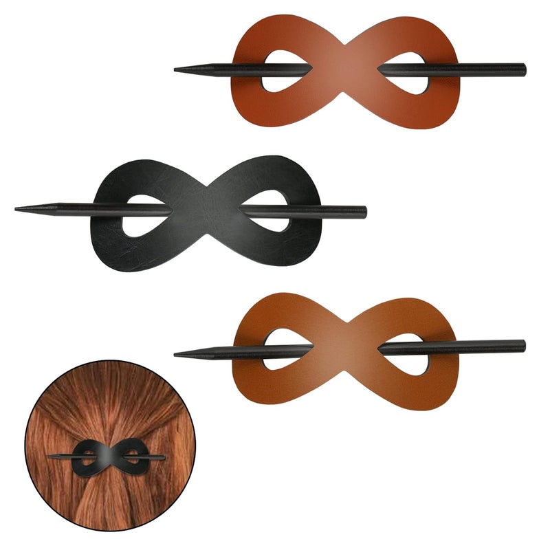 3 Pieces Leather Hair Barrette with Stick UHOMENY Leather Hair Barrette Slide Pins with Stick Accessories for Women 8 Shape Hair Ponytail Holders with Wooden Stick for Girls