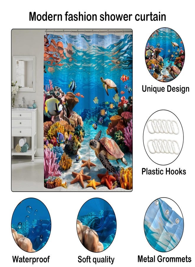 COSEVIER Sea Turtle Shower Curtain Ocean Beach Coastal Seaworld Marine Life Bathroom Curtain Set with Hooks Home Decoration 72x72 Inch Fabric Waterproof - Image 3