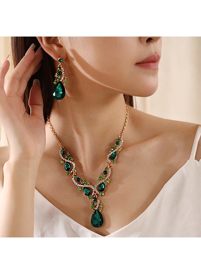 Beyond 2Pcs Rhinestone Jewelry Set, Wedding Jewelry Sets for Brides, Shinning Necklace Zircon Earrings Pendant Dress Accessory (Green) - Image 2