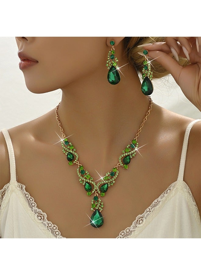 Beyond 2Pcs Rhinestone Jewelry Set, Wedding Jewelry Sets for Brides, Shinning Necklace Zircon Earrings Pendant Dress Accessory (Green) - Image 5