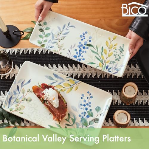 Bico طبق تقديم سيراميك بيكو بوتانيكال فالي مستطيل 14 بوصة، مجموعة من 2، لتقديم السلطة، المعكرونة، الجبن، لحم الخنزير، المقبلات، آمن للاستخدام في الميكروويف وغسالة الصحون - Image 2