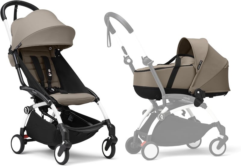 Stokke YOYO3 Baby Stroller with Newborn Shell - White Frame & YOYO 6+ Color Pack - Taupe - Image 1