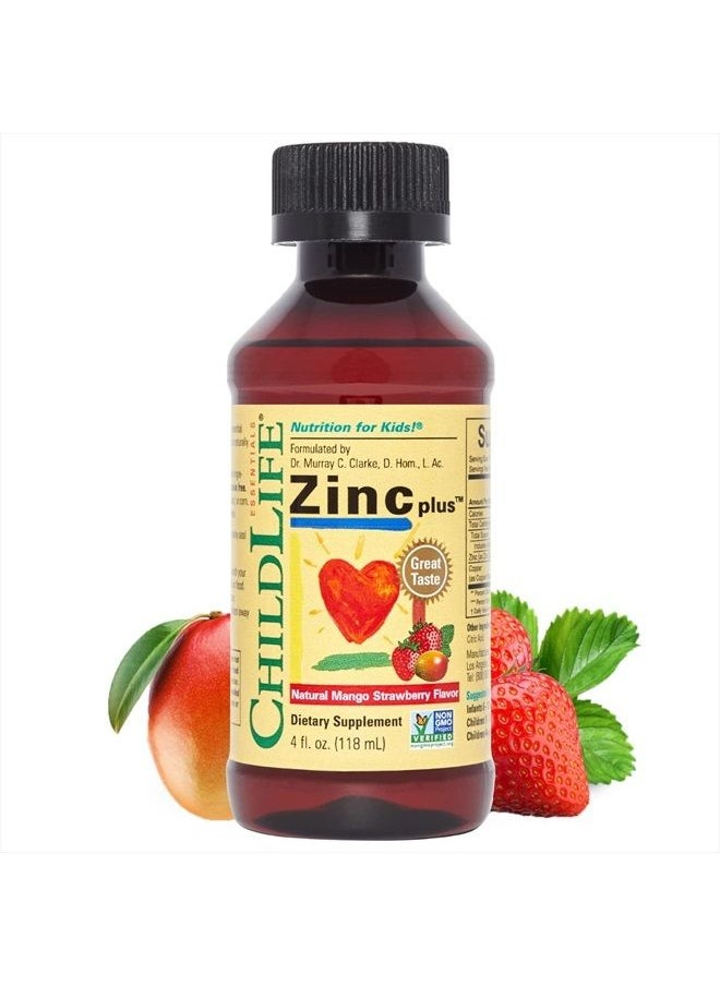 CHILDLIFE ESSENTIALS سائل الزنك بلس من ChildLife Essentials - دعم طبيعي بالكامل لوظيفة الجهاز المناعي المثالية لدى الأطفال، خالٍ من المواد المسببة للحساسية، وغير معدّل وراثيًا، قطرات الزنك للأطفال - بنكهة المانجو والفراولة، 4 أونصة سائلة  - Image 1