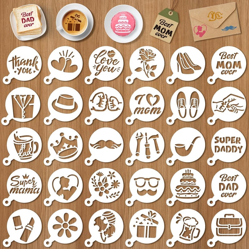 Konsait قوالب كعكة البسكويت بمناسبة عيد الأم من كونسايت 30 قطعة، قوالب زينة قابلة لإعادة الاستخدام لعيد الأب، أدوات تشكيل البسكويت، أدوات الرسم، قوالب لتزيين القهوة والشوكولاتة الساخنة - Image 1