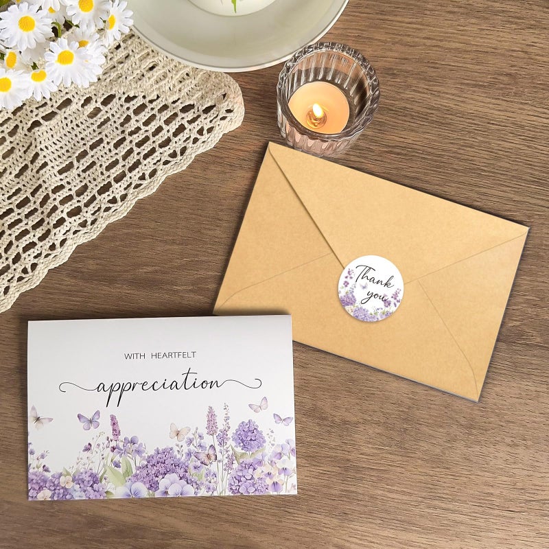 HiABNRT 25 Pack Funeral Thank You Cards with Envelopes, Purple Watercolor Floral Butterfly Design 4x6In Message Inside Sympathy Thank You Card for Funeral Bereavement - Image 4