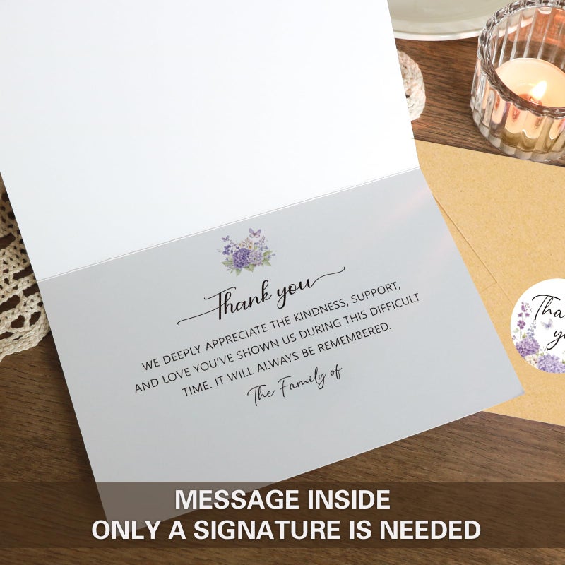 HiABNRT 25 Pack Funeral Thank You Cards with Envelopes, Purple Watercolor Floral Butterfly Design 4x6In Message Inside Sympathy Thank You Card for Funeral Bereavement - Image 5