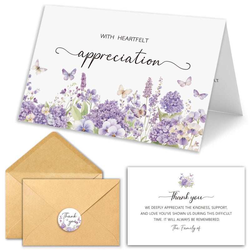 HiABNRT 25 Pack Funeral Thank You Cards with Envelopes, Purple Watercolor Floral Butterfly Design 4x6In Message Inside Sympathy Thank You Card for Funeral Bereavement - Image 1