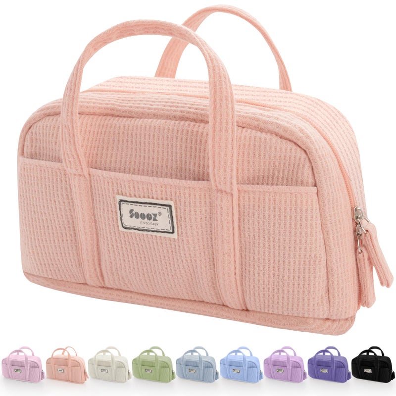 Sooez Large Pencil Case Pouch, Extra Big Pencil Bag with 5 Compartments, Pen Bag Wide Opening, Soft Waffle Pencil Pouch Organizer with Zipper, Cute Aesthetic School Supplies for Girls-Pinkish Orange - Image 1