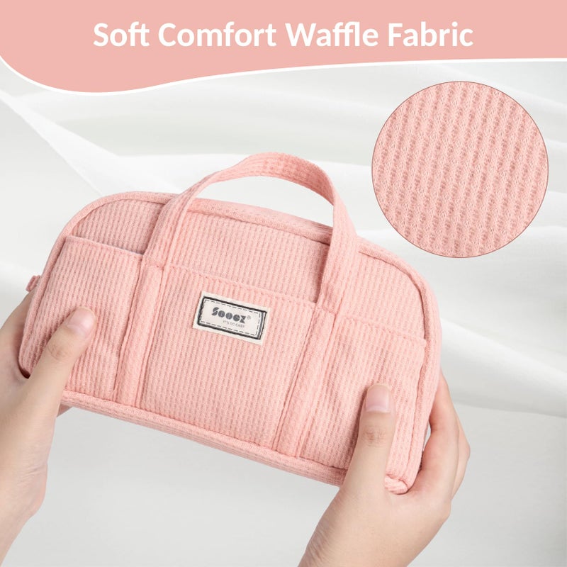 Sooez Large Pencil Case Pouch, Extra Big Pencil Bag with 5 Compartments, Pen Bag Wide Opening, Soft Waffle Pencil Pouch Organizer with Zipper, Cute Aesthetic School Supplies for Girls-Pinkish Orange - Image 2