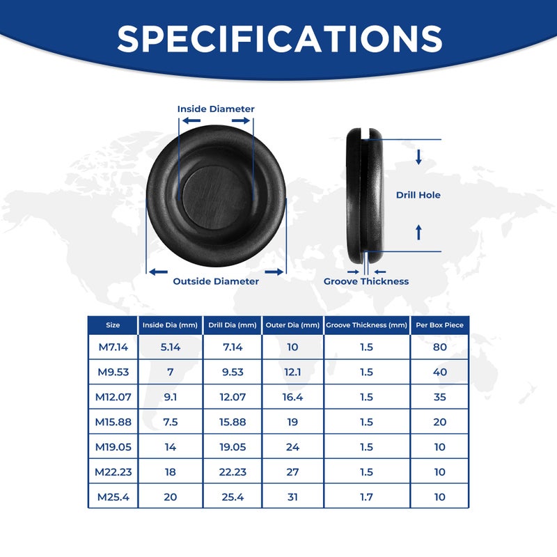 AAM ESSENTIALS Rubber Plugs for Round Holes-205pcs Assorted Rubber Grommets in 7 Sizes M25.4, M22.23, M19.05, M15.88, M12.07, M7.14, M9.53-Waterproof Rubber Grommet Kit Wire Grommet Perfect for Sealing Auto Panel - Image 4