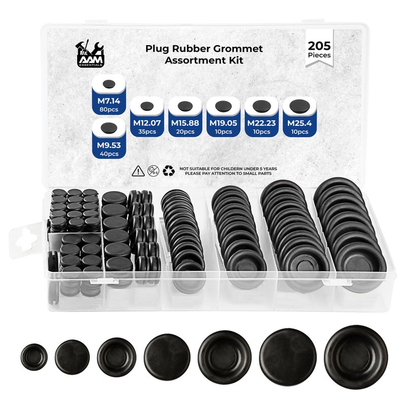 AAM ESSENTIALS Rubber Plugs for Round Holes-205pcs Assorted Rubber Grommets in 7 Sizes M25.4, M22.23, M19.05, M15.88, M12.07, M7.14, M9.53-Waterproof Rubber Grommet Kit Wire Grommet Perfect for Sealing Auto Panel - Image 1