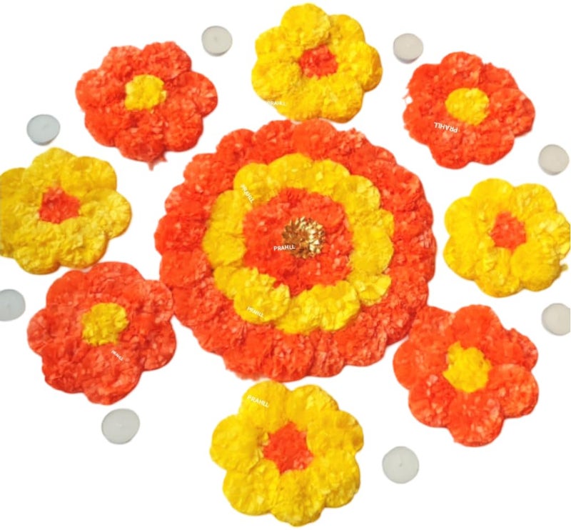 PRAHLL Artificial Marigold Flower Rangoli Mat with tealight Diyas for Diwali Pack of 19 Pieces112inch Mat 86inch Mat 1 tealight Holder and 9 tealight Yellow - Image 1