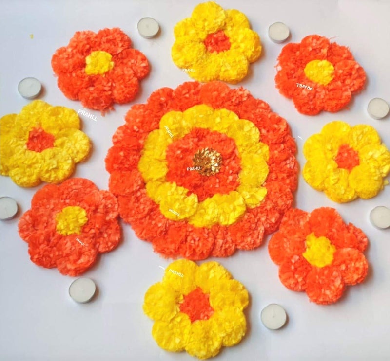PRAHLL Artificial Marigold Flower Rangoli Mat with tealight Diyas for Diwali Pack of 19 Pieces112inch Mat 86inch Mat 1 tealight Holder and 9 tealight Yellow - Image 2