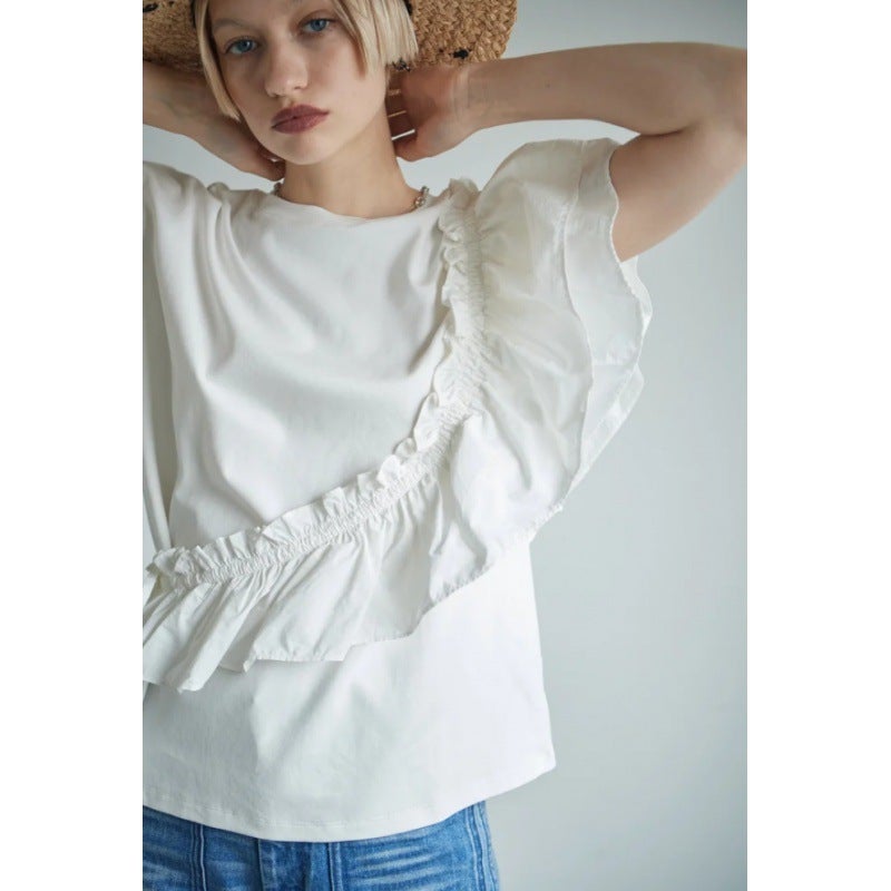 Multiplication Irregular Ruffled Flying Sleeve Top Fashion Women'S Pure T-Shirt Short Sleeve Top - Image 1