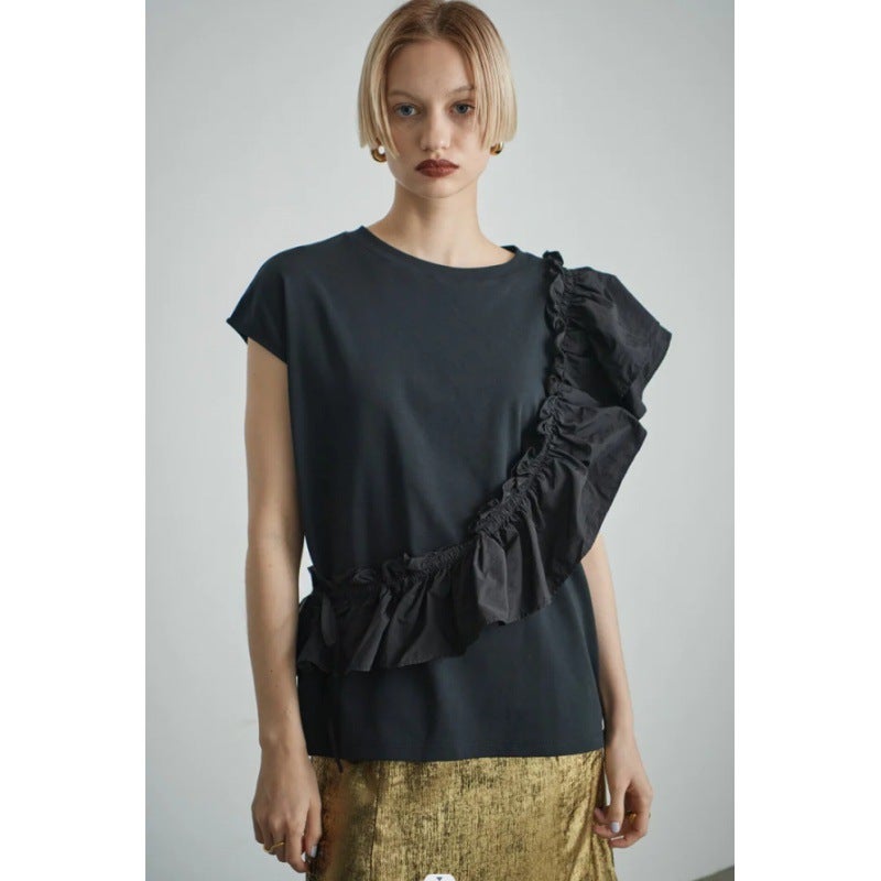 Multiplication Irregular Ruffled Flying Sleeve Top Fashion Women'S Pure T-Shirt Short Sleeve Top - Image 5