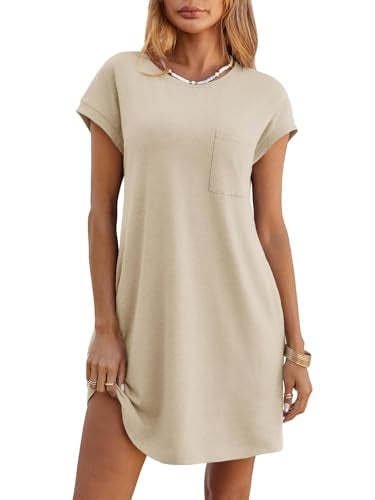 Wenrine Womens Summer T Shirt Dress Casual Short Sleeve Crewneck Loose Flowy Mini Dresses with Pockets Khaki - Image 1