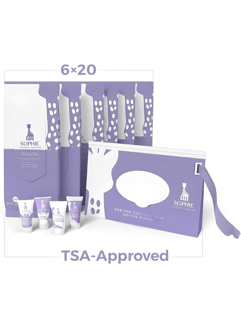 Sophie La Girafe Babycare Sophie la Girafe Babycare Tiny Traveler Organic Baby Skincare Set – Diaper Bag-Friendly Travel Kit with 4 Essentials + 6 Packs of 20-Count Wipes + Reusable Wipes Pouch – Vegan, Hypoallergenic, Paraben-Free – Newborn Safe  - Image 3