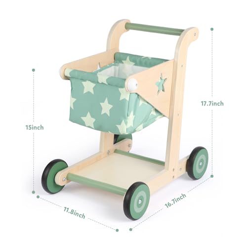 Asweets 2 in 1 Wooden Baby Walker Push and Pull Doll Stroller Shopping Cart Learning Walker for Boys and Girls Sit Stand Learning Toddler Toy Green - Image 5