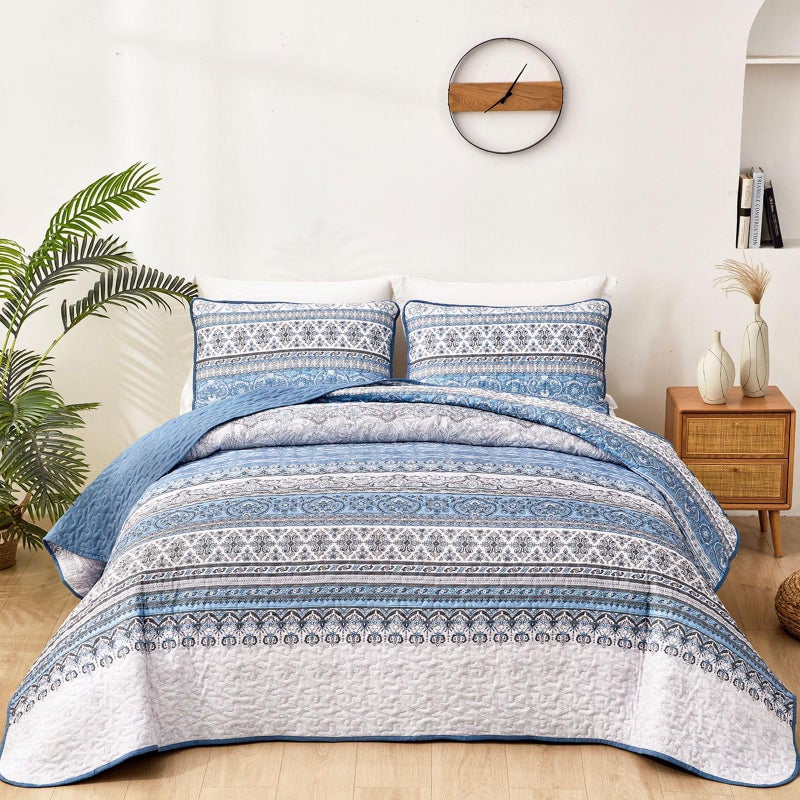 WONGS BEDDING Boho Queen Quilt Set Light Blue Bohemian Queen Quilt Bedding Set Lightweight Microfiber Bed Decor Bedspread for All Season 96x903 Pieces
