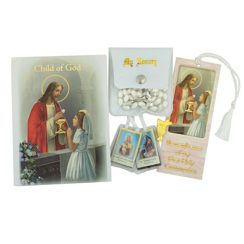 First Holy Communion Gift Set Catholic Prayer Kit for Children Includes Mass Missal Bookmark Scapular Rosary Pouch and Pin Black Rose or White for Boys and Girls White