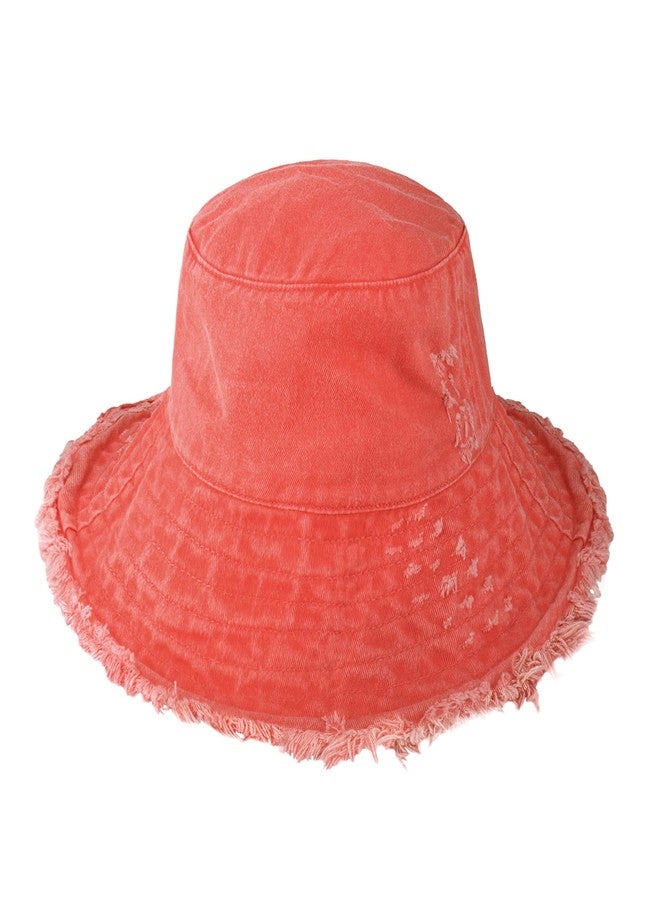 CHOK.LIDS Frayed Bucket Hats for Women Men Unisex Trendy Washed Cotton Floppy Wide Brim Boonie Outdoor Summer Beach Headwear (Scarlet), Scarlet, One size - Image 1