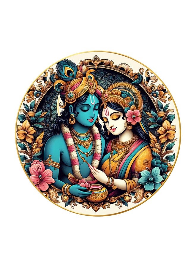 Nozvera Modern Radha Krishna Wall Painting with Frame - Sparkle Glossy Round Golden Framed Large Painting for Office, Living Room, Bedroom, Home Wall Decoration (Design 03, 60 cm * 60 cm) - Image 1