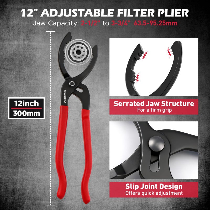 SEDY 10-Piece Oil Filter Wrench Set 2-3/8"to 4-3/4", 12-Inch Adjustable Oil Filter Plier, Universal 3-Jaw Oil Filter Wrench, 1/2"Quick Release Ratchet Handle, 1/2"-3/8" Adapter, Towel in Storage Case - Image 4