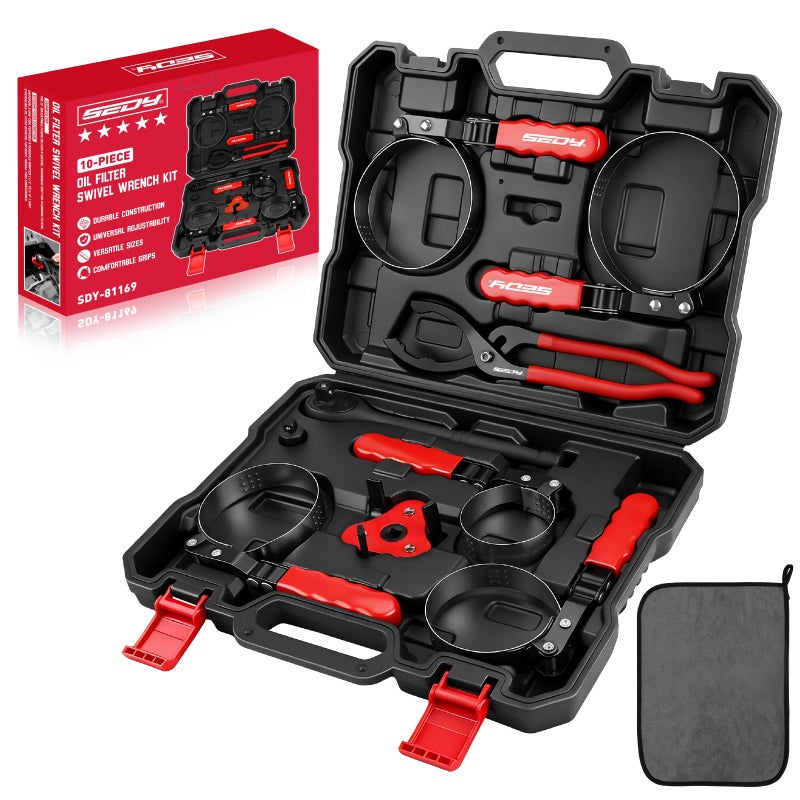 SEDY 10-Piece Oil Filter Wrench Set 2-3/8"to 4-3/4", 12-Inch Adjustable Oil Filter Plier, Universal 3-Jaw Oil Filter Wrench, 1/2"Quick Release Ratchet Handle, 1/2"-3/8" Adapter, Towel in Storage Case - Image 1