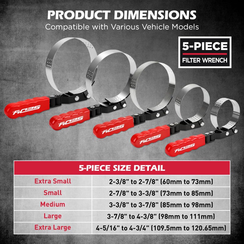 SEDY 10-Piece Oil Filter Wrench Set 2-3/8"to 4-3/4", 12-Inch Adjustable Oil Filter Plier, Universal 3-Jaw Oil Filter Wrench, 1/2"Quick Release Ratchet Handle, 1/2"-3/8" Adapter, Towel in Storage Case - Image 2