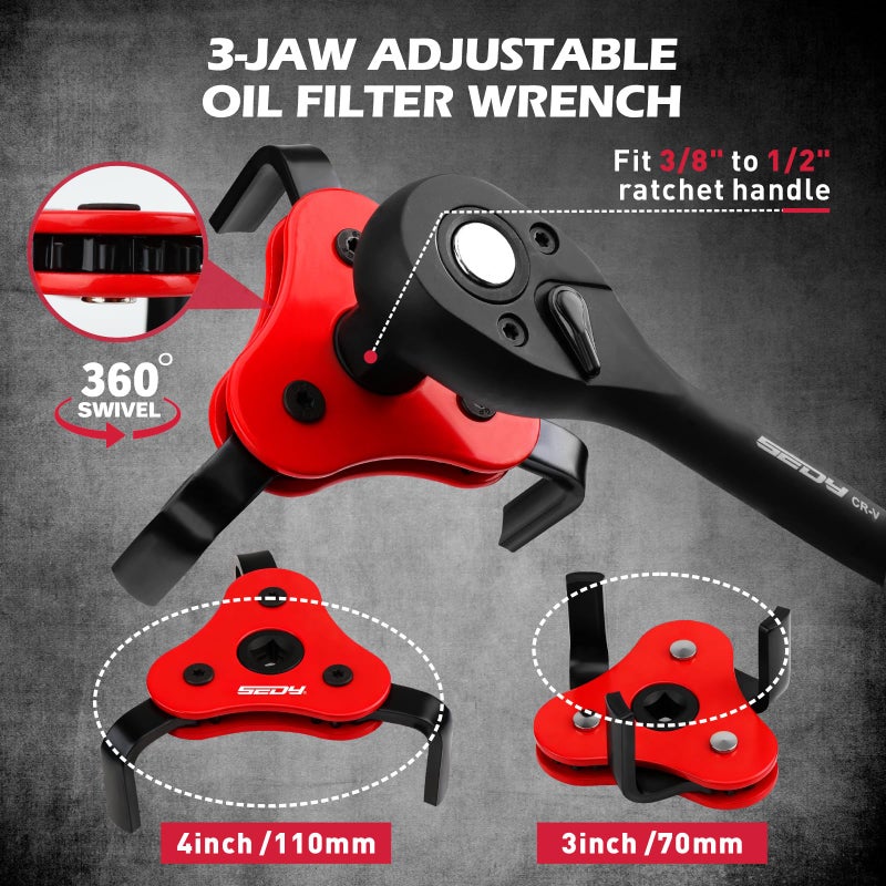 SEDY 10-Piece Oil Filter Wrench Set 2-3/8"to 4-3/4", 12-Inch Adjustable Oil Filter Plier, Universal 3-Jaw Oil Filter Wrench, 1/2"Quick Release Ratchet Handle, 1/2"-3/8" Adapter, Towel in Storage Case - Image 5
