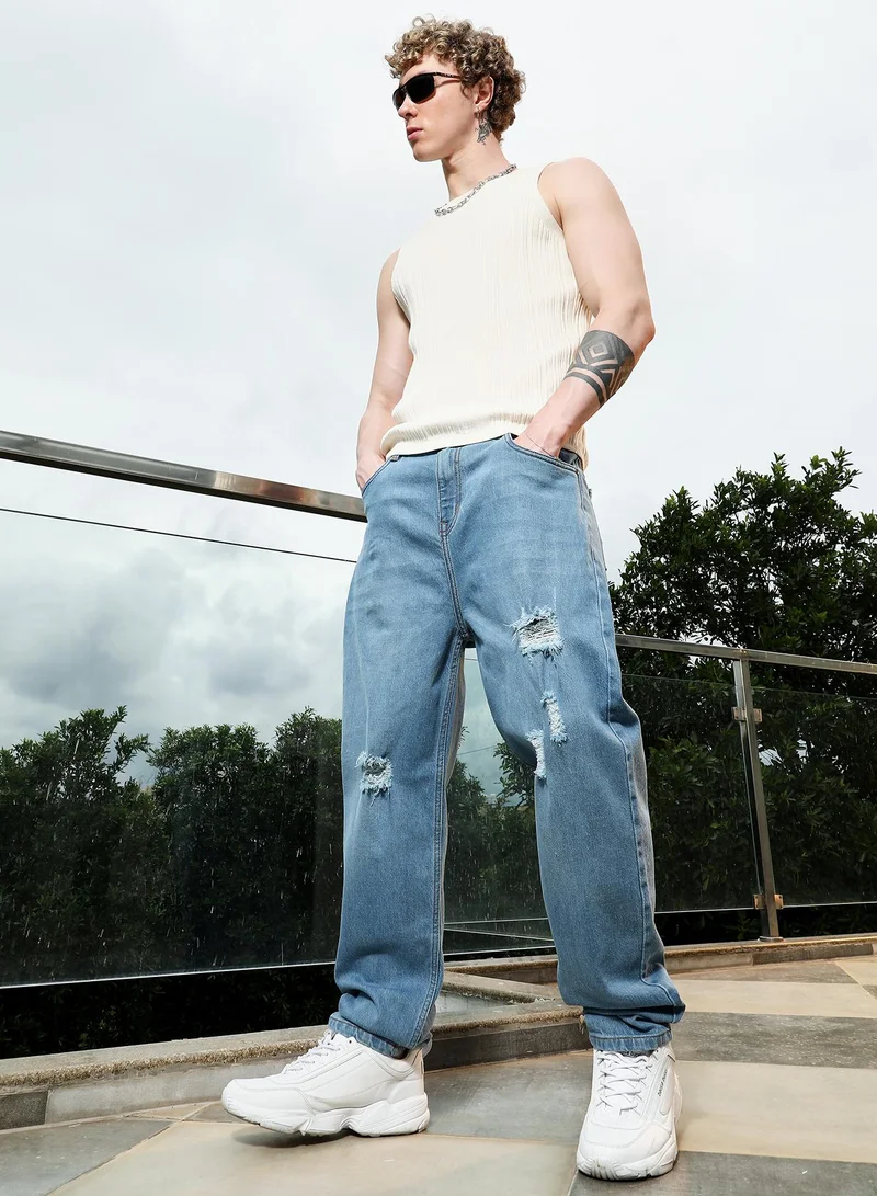 Campus Sutra  Men's Distressed Light Blue Denim Jeans for Men | Best Price UAE