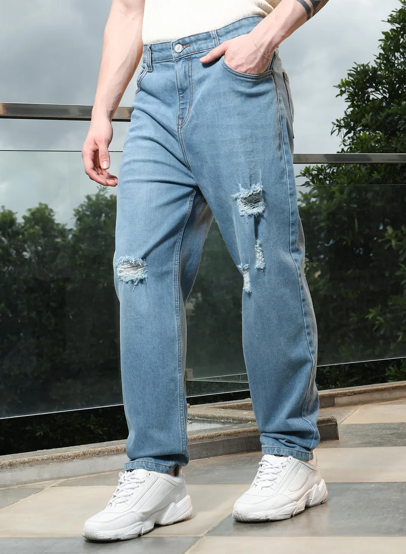 Campus Sutra  Men's Distressed Light Blue Denim Jeans for Men | Best Price UAE