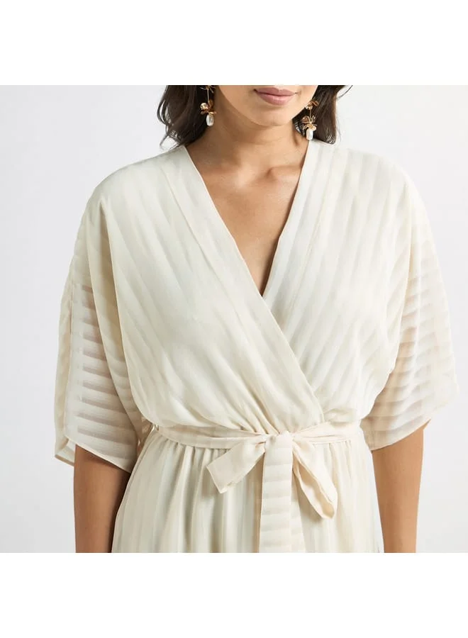 Splash FAV Striped Midi A-line Dress with Short Sleeves and Tie-Up Belt